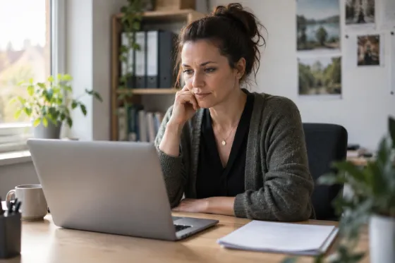 Symbolbild, mit KI erzeugt: Eine Frau sitzt an ihrem Schreibtisch und liest konzentriert etwas auf ihrem Laptop.