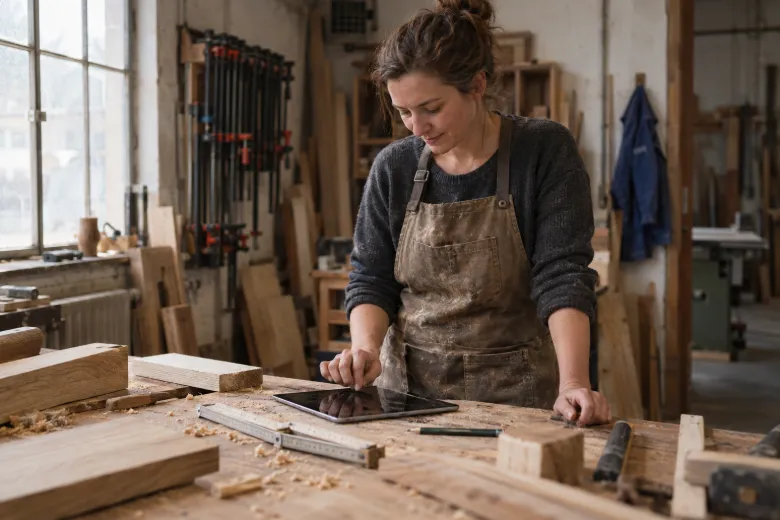 Symbolbild, mit KI erzeugt: Eine Tischlerin in Arbeitsschuerze tippt an ihrer Werkbank auf einem Tablet, daneben Holzreste und ein Zollstock.
