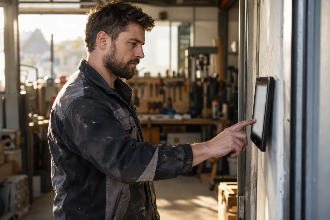 Symbolbild, mit KI erzeugt: Ein Handwerker in Arbeitskleidung tippt am Eingang seiner Werkstatt auf ein an der Wand montiertes Tablet.